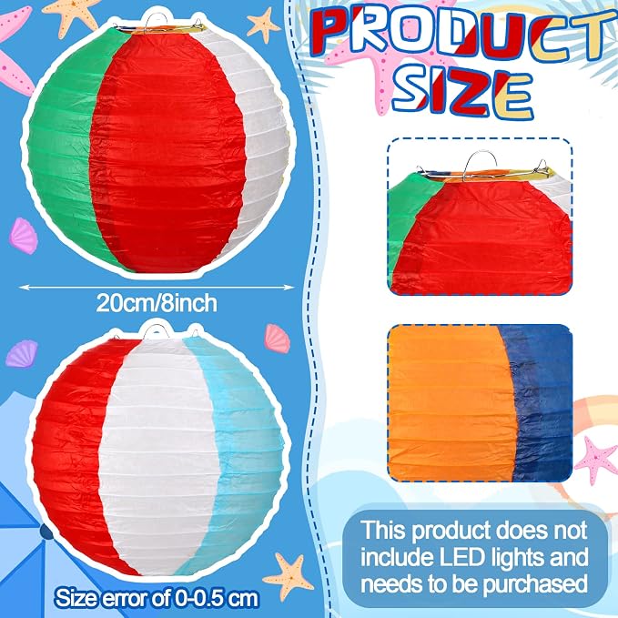 Panelee 12 Pcs 8 Inch Beach Ball Paper Lanterns Pool Party Decorations Summer - Image 2