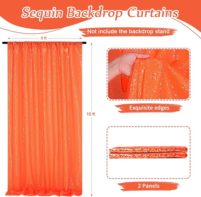 Orange Glitter Sequin Backdrop Curtains 2 Pcs 5FTx10FT Baby Shower Party - Image 2