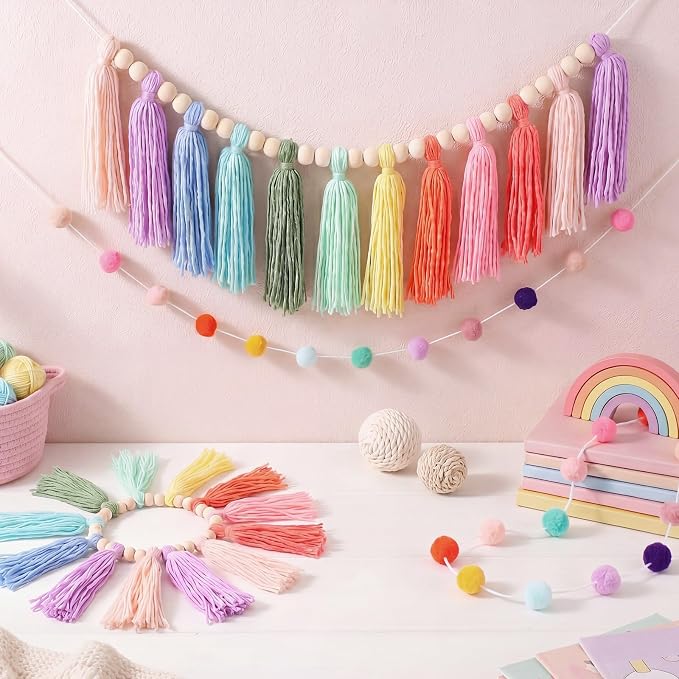 Tenceur Pastel Tassel Garland and Pom Pom Banner Set- 4 Pcs Rainbow Wall Decor - Image 2