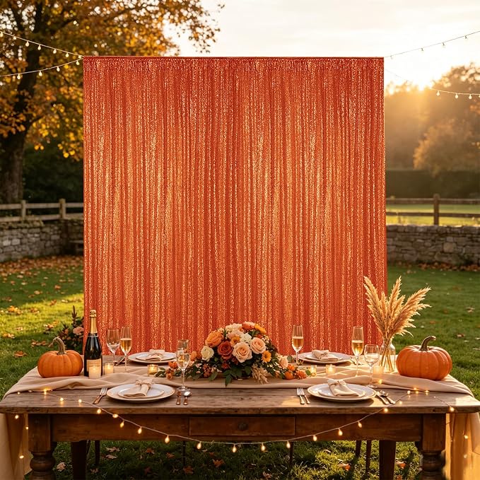 Hahuho Orange Sequin Backdrop Curtain, Party Decoration（2 Panels, 4FT x 8FT - Image 4