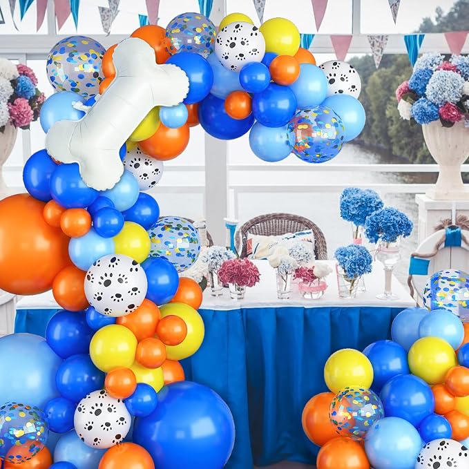 Dog Paw Balloon Arch, Big Bone Foil Balloon Orange Blue Confetti Balloons - Image 6
