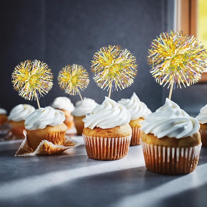 Gyufise 30Pcs Foil Firework Cupcake Toppers Sparkle Tinsel Cake Toppers Tinsel - Image 5