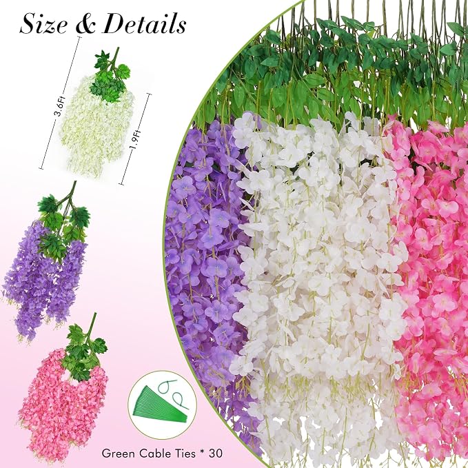40 Pack Pink Purple White Wisteria Hanging Flowers, Fake Hanging Flowers - Image 7