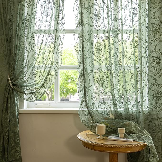 Deeprove Olive Green Boho Sheer Lace Ruffled Curtains 2 Panels Crochet 84 Inch - Image 7