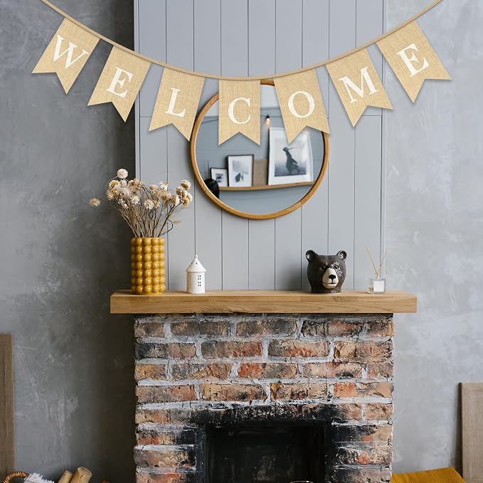 Pre-Strung WELCOME Banner with Burlap Flag, Rustic Linen Letter Garland - Image 7