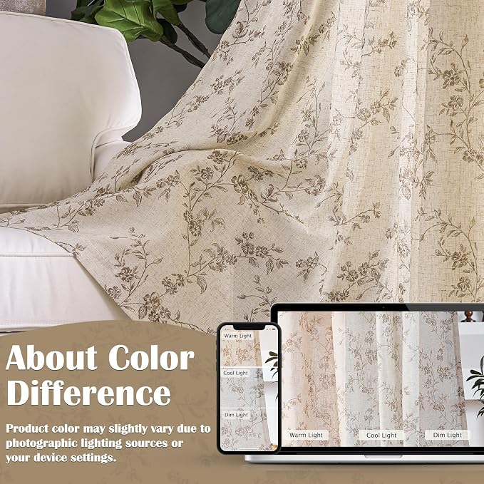 Taupe Vintage Floral Linen Curtains Farmhouse 38W X 63L 2 Panels | Elisa Series - Image 9