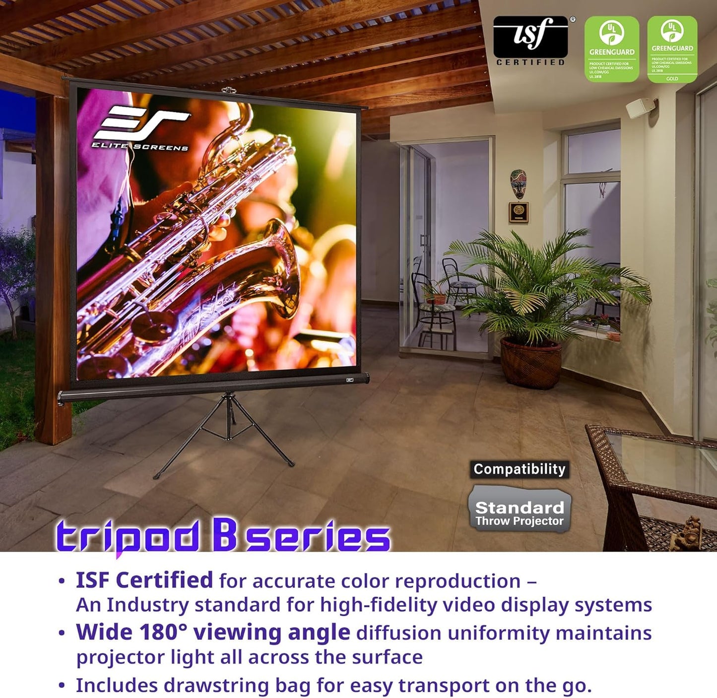 Elite Screens TRIPOD B, 113-INCH, 1:1, Lightweight Pull Up Foldable Stand, Manual, Movie Home Theater Projector Screen, 4K / 8K Ultra HDR 3D Ready, US Based Company 2-YEAR WARRANTY, T113SB, black