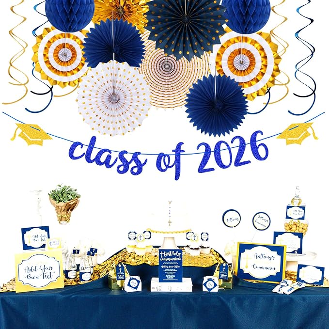 Navy-Blue Gold Party-Decorations Graduation Banner-Streamers - Image 6