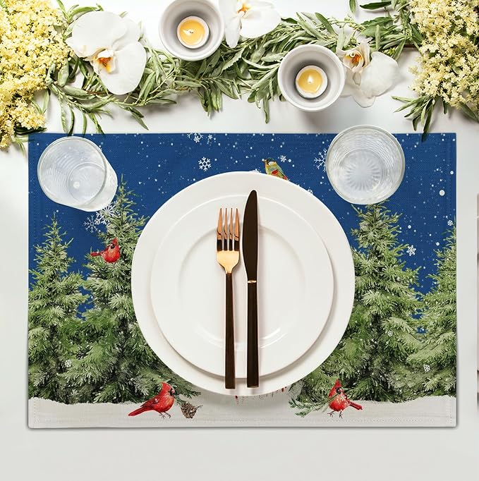 Blue Snowman Christmas Placemats Set of 4 Xmas Tree Cardinal Snowflakes Linen - Image 3