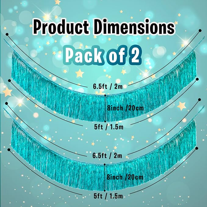 2 Pack Aqua Blue Party Banner Tinsel Tassel Fringe Garland Party Decor | Dense - Image 3