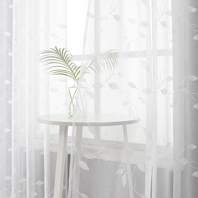 Tollpiz White Leaf Sheer Curtain Bedroom 54 x 95 Inches | Leaves Embroidered - Image 2