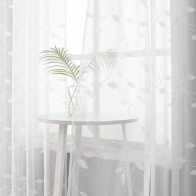 Tollpiz White Leaf Sheer Curtain Bedroom 38 x 63 Inches | Leaves Embroidered - Image 2