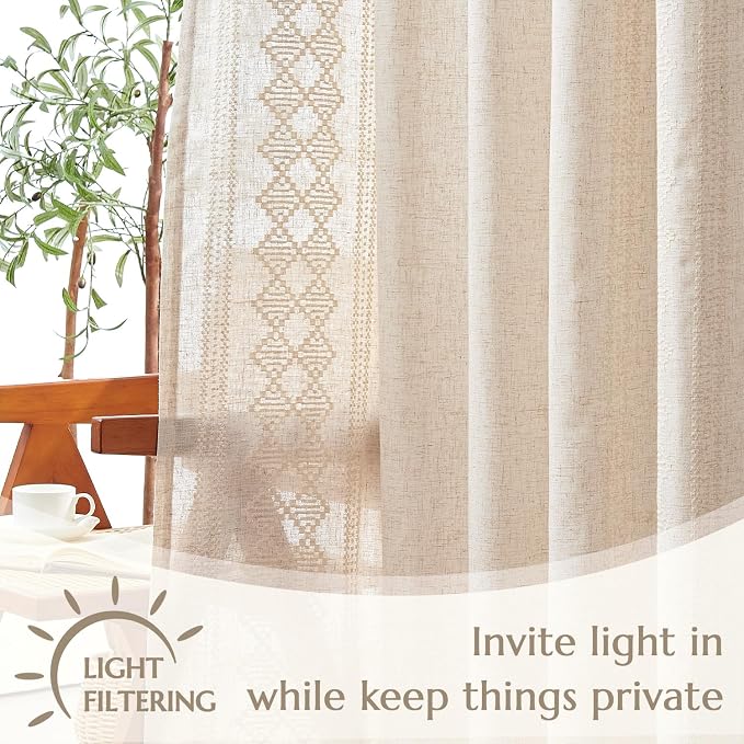 jinchan Floral Linen Curtains Embroidered Back Tab 50x63in 2 Panels Ivory | - Image 4