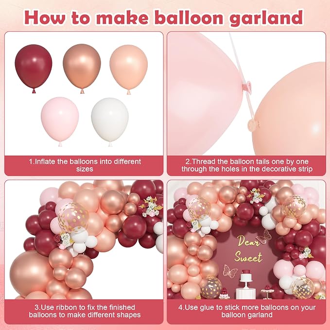 157Pcs Burgundy Rose Gold Balloons Garland Arch Kit | Different Sizes Pink - Image 3