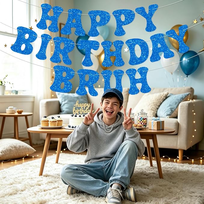 Blue Bruh Happy Birthday Banner Sign Pre-Strung Funny Birthday Decorations - Image 5