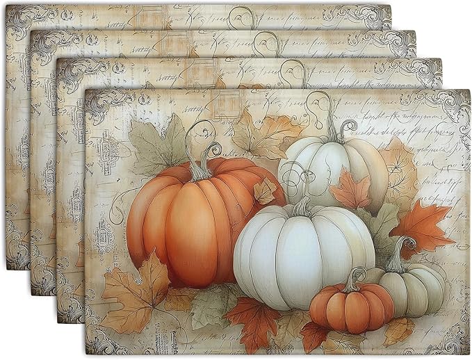 Fall Pumpkin Placemats Set of 4 Vintage Autumn Maple Leaf Seasonal Place Mats by Wnoesat