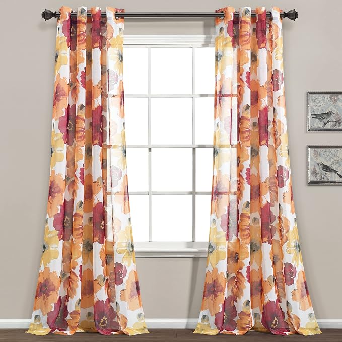 Lush Decor Leah Floral Sheer Window Curtain Panels Pair 52"W x 84"L Red & Orange - Image 4