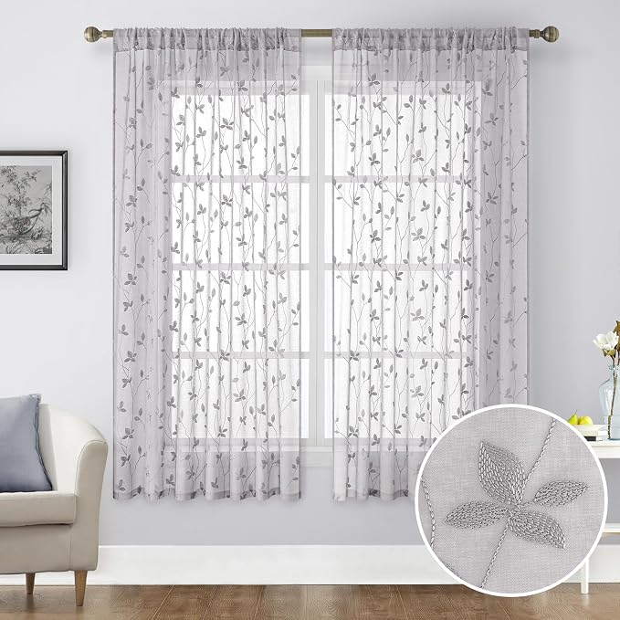 HOMEIDEAS Grey Sheer Curtains 2 Panels, Embroidered Vine Leaf, W52xL63 | Faux - Image 9
