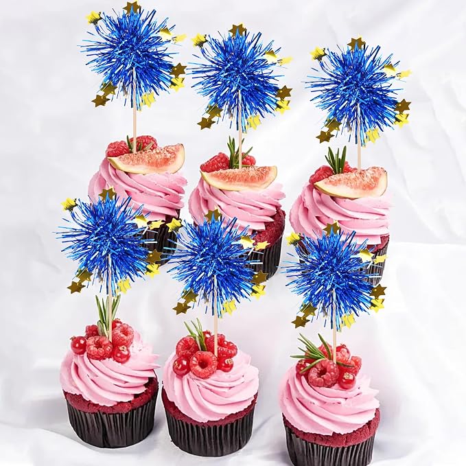 30 PCS Foil Firework Cupcake Toppers Happy Birthday Star Cupcake Picks Sparkle - Image 4
