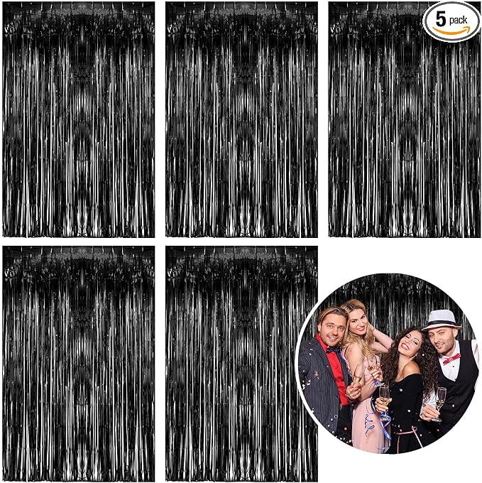 5 Pack Foil Curtain Backdrop Black Metallic Tinsel Foil Fringe Curtains Photo by KEJ