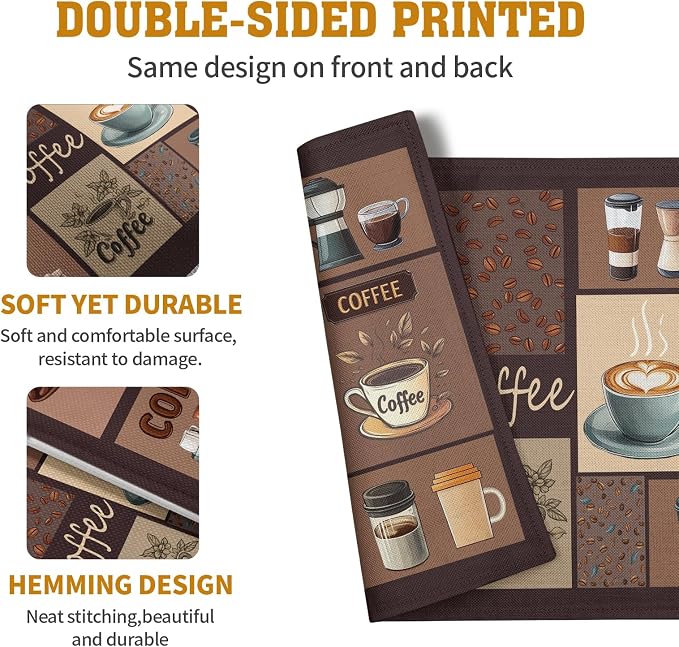 Coffee Theme Placemats Set of 4 Farmhouse Style Brown Linen Fabric Table Mat - Image 5
