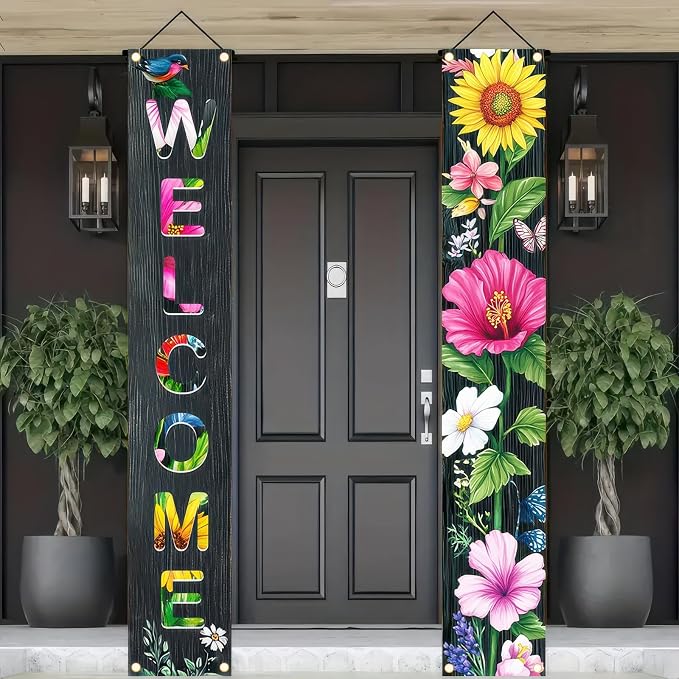 BlissYard 2 Pcs Welcome Floral Porch Banners Spring Summer Bird Butterfly - Image 4
