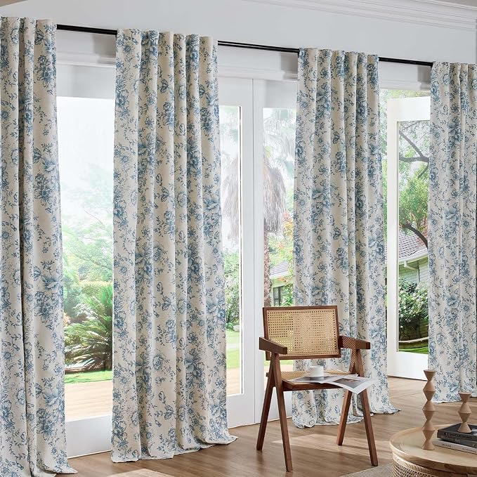 jinchan Blue Floral Linen Blackout Curtains Lined 84 Inch Back Tab 2 Panels | - Image 7