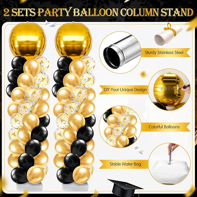 2 Sets Gold and Black Graduation Balloon Column Stand Kit - Image 4