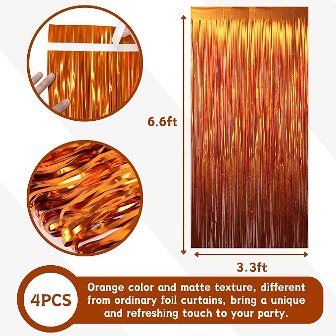 Matte Orange Foil Fringe Curtains Backdrop Party Decorations 4 PCS | 3.3 x 6.6 - Image 2