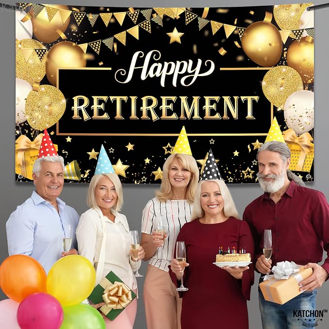 Katchon Happy Retirement Banner 72x44 Inch | Black & Gold, Wall Banner - Image 3