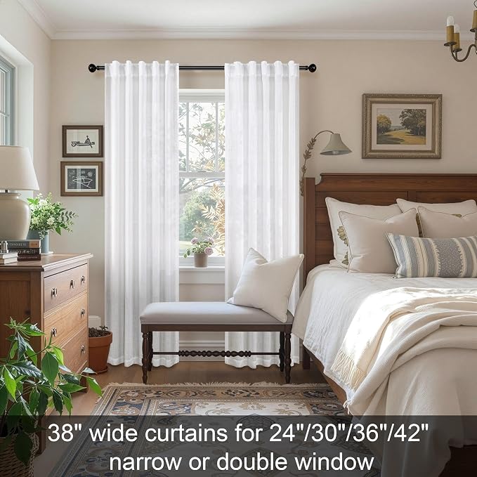 White Curtains 38 Inch Wide for Bedroom 2 Panels Back Tab Rod Pocket Semi Sheer - Image 3