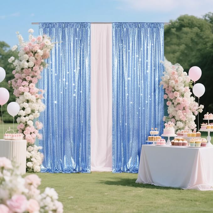PartyDelight Baby Blue Sequin Backdrop Curtains 2x8ft 2 Panels | Sparkly 3mm - Image 4