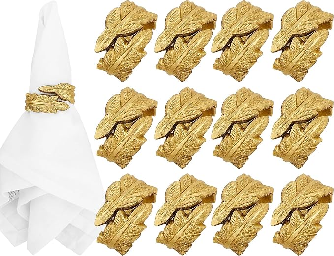 Gold Leaf Napkin Rings Set of 12 - Round Metal Napkin Holders for Dining Table Settings - Elegant Leaf Design for Weddings, Parties, Holiday Décor, Family Dinners & Special Occasions - CLEENTABLE