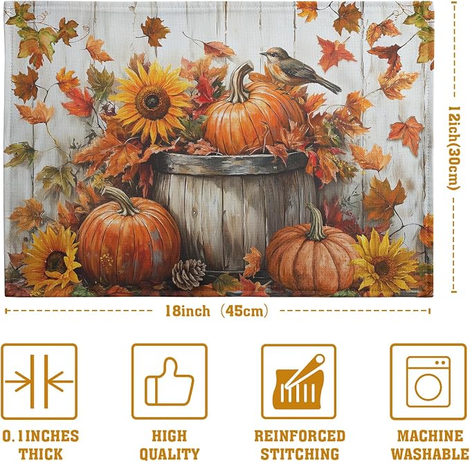 Fall Placemats 12x18 Inch Set of 4 Pumpkin Maple Leaves Sunflower Bird Linen - Image 4