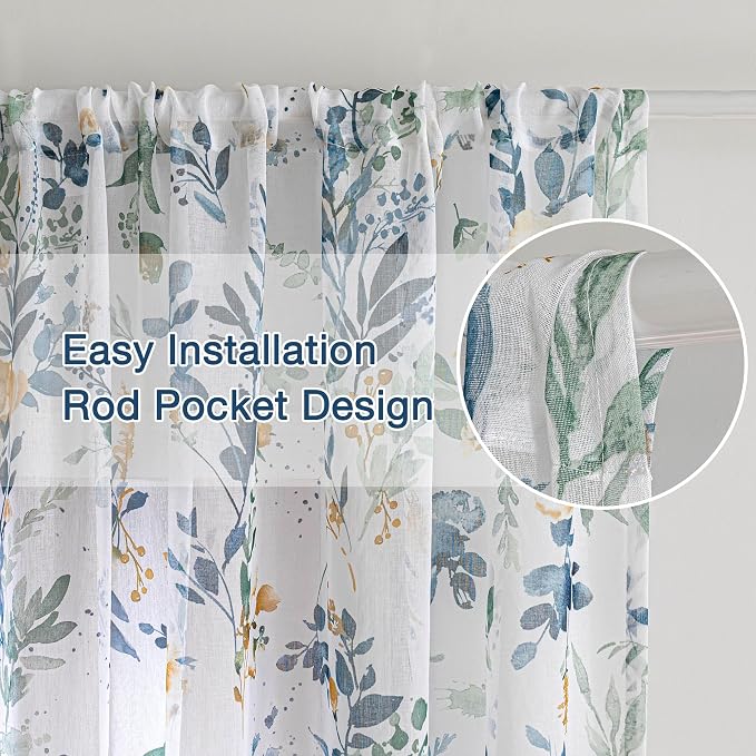 MYSKY HOME Yellow and Blue Floral Sheer Curtains 63 Inch Length - Image 3