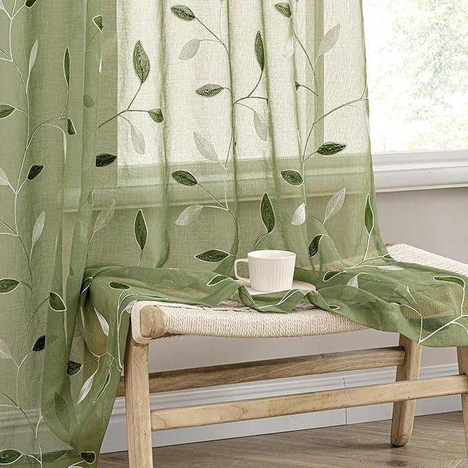 MIULEE Sage Green Sheer Curtains 2 Panels Leaf Patterned, W52 x L84 | by MIULEE