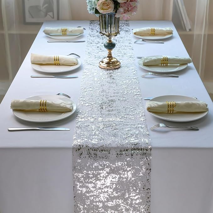 Snowkingdom Silver Table Runner, Sequin Glitter Foil Metallic Mesh Runner Roll - Image 4