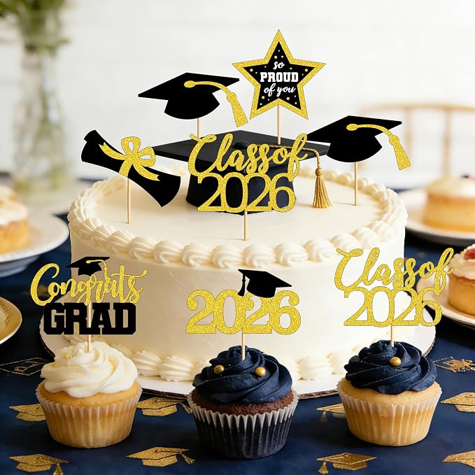 48 PCS Graduation Cupcake Toppers, 6 Styles Congrats Grad Cake Topper, Glittery - Image 4
