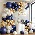 Navy Blue Gold Balloons Arch Kit, Double Stuffed Pearl White Blue Gold Chrome by Kalyerparty