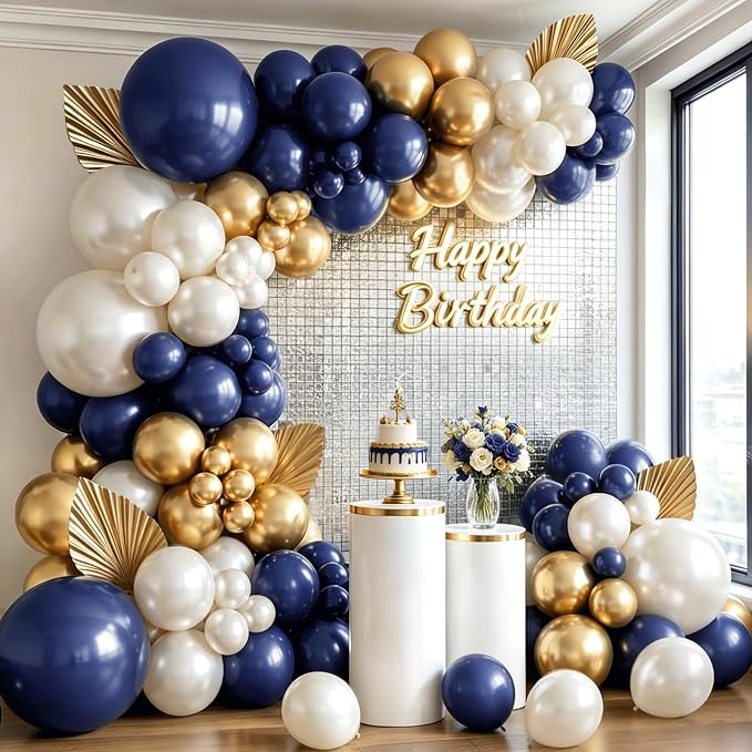 Navy Blue Gold Balloons Arch Kit, Double Stuffed Pearl White Blue Gold Chrome by Kalyerparty