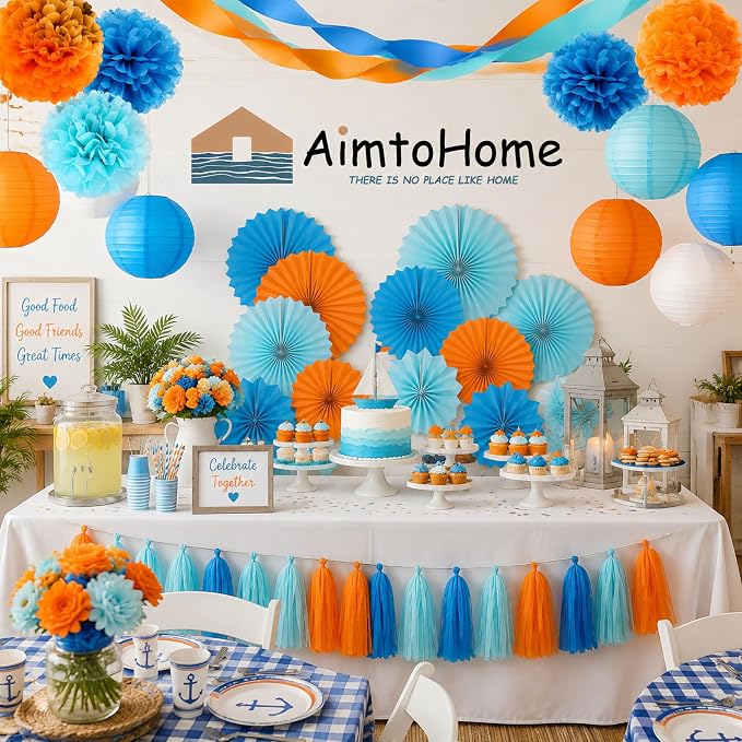 Orange and Blue Paper Tassel, 20 Pack, Party Decorations - Image 4