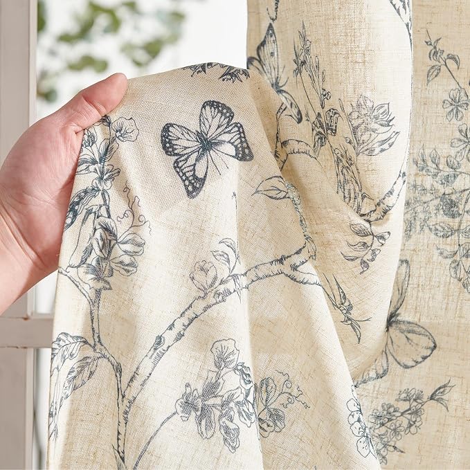 Blue Floral Linen Curtains Farmhouse Rod Pocket 50W X 108L 2 Panels | Charlotte - Image 5