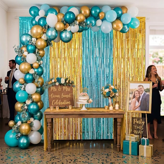 Frienda 4pcs Teal and Gold Party Decorations 6.6ft Fringe Curtains Decorations - Image 5