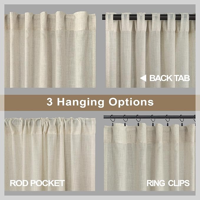 Beige Curtains 38 Inch Width for Living Room 2 Panels Back Tab Rod Pocket Flax - Image 6