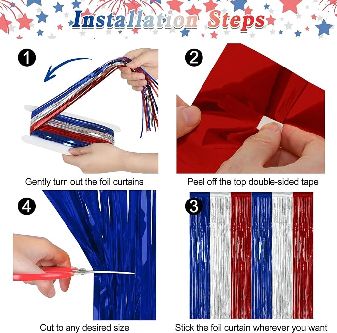 ZATAYE 4 Pack Blue Silver Red Foil Curtain Streamer Decorations | Blue Silver - Image 3