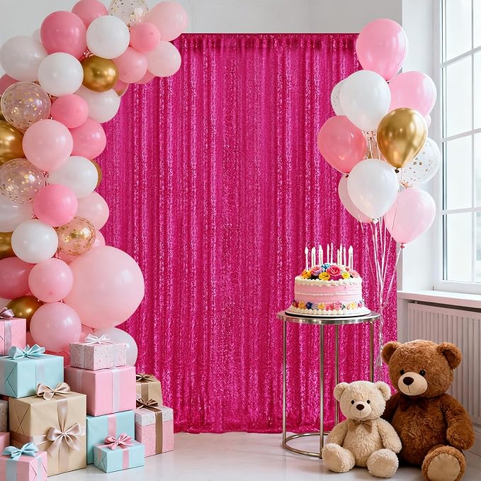 2×8FT-2PCS Hot Pink Sequin Backdrop Curtains Panels, Fuchsia Photography - Image 3