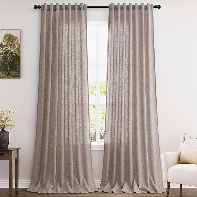 Brownish Grey Linen Curtains for Living Room 98 Inches Long Back Tab Light by Nanspring