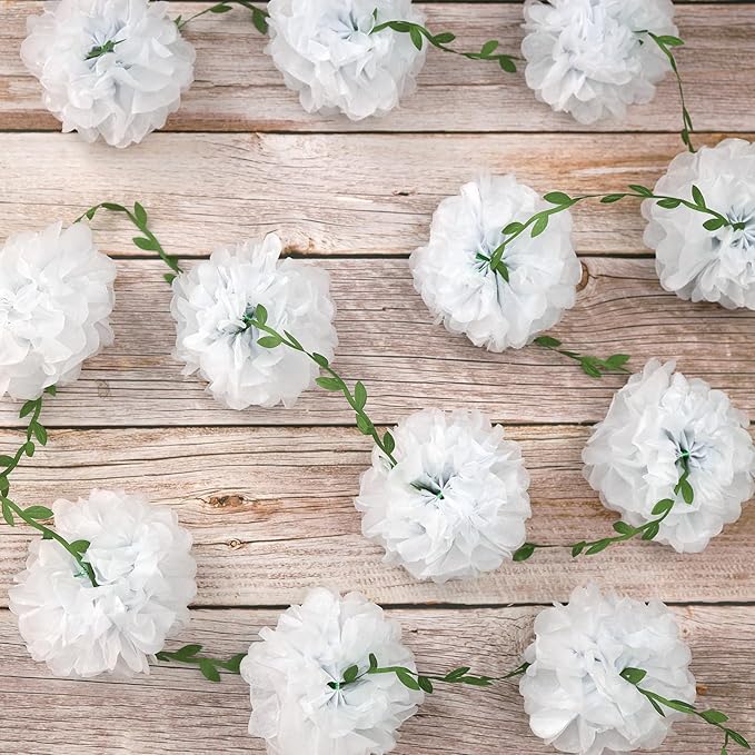 White Tissue Paper Pom Pom Garlands, Paper Flowers - Image 4