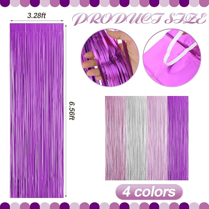 Frienda 4pcs Purple and Silver Party Decorations 6.6ft Fringe Curtains - Image 2
