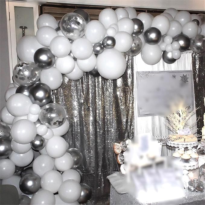 Silver and White Balloons, 12 Inch Metallic Silver White Latex Balloons Set - Image 6